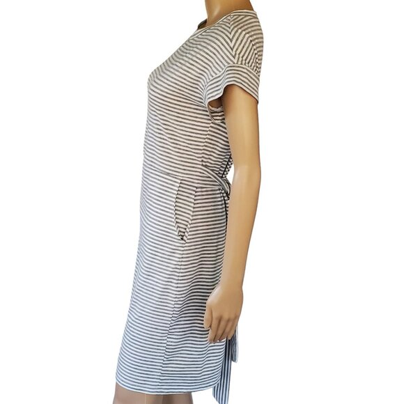 Fashion Sheath Dress Gray & White Striped Soft Casual T Shirt Tie Back Pockets - Picture 4 of 11